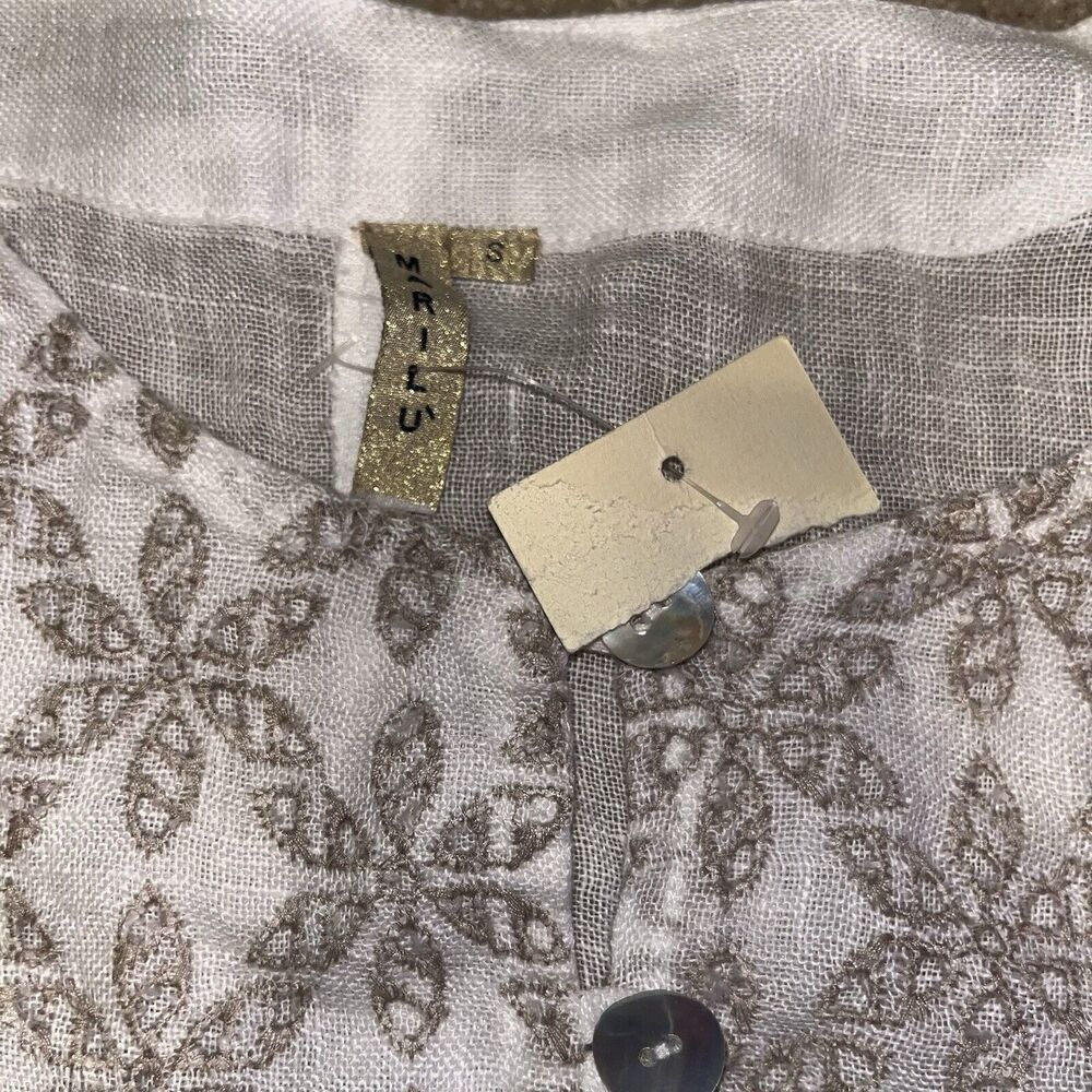 NWT Marilu` (Small) Linen Top Sheer Italy White Embroidered Slit Tunic Button - Picture 12 of 14